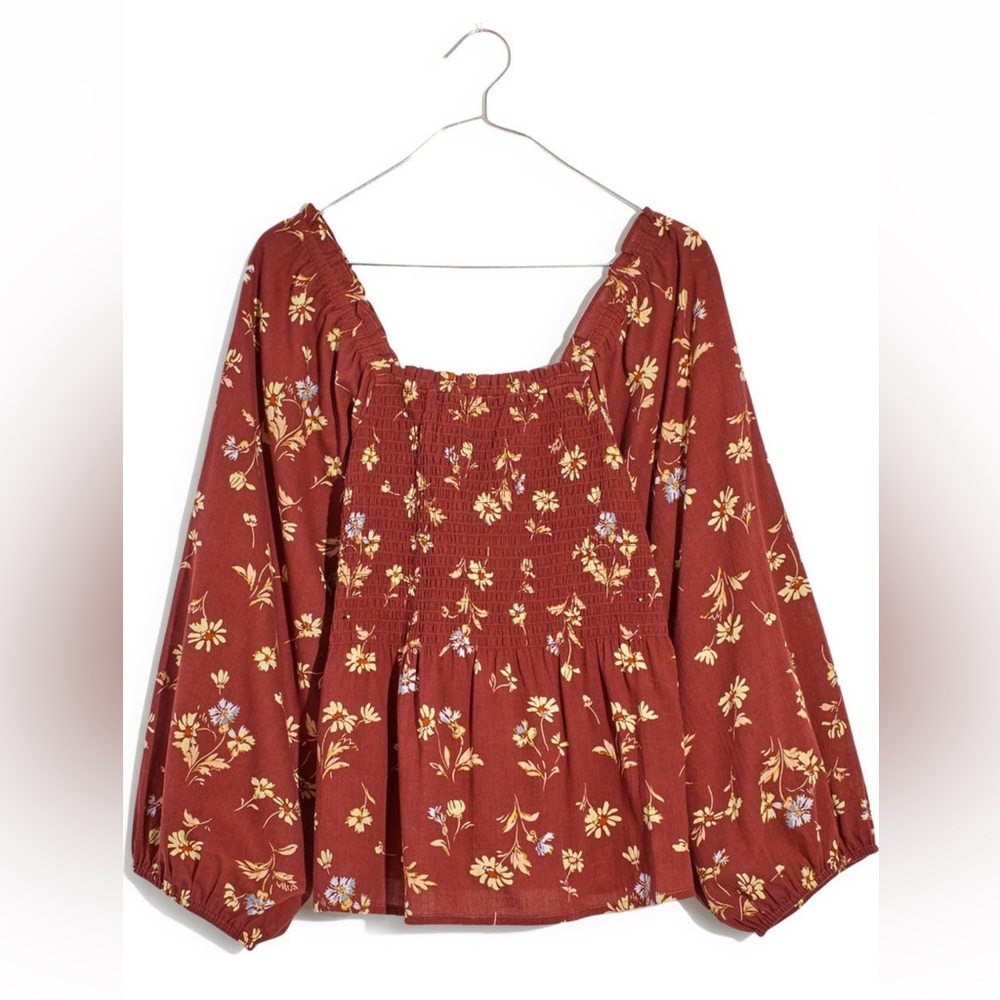 Madewell Lucie Smocked Square Neck Cotton Peplum Blouse. NWOT.